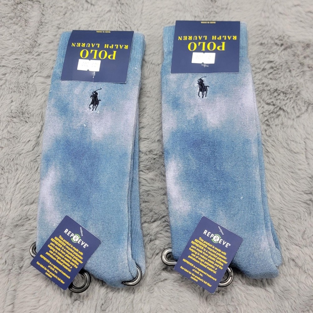 Polo Ralph Lauren Socks Mens 10-13 Cloud Wash Blue Pony Mid Calf Crew 2 Pairs